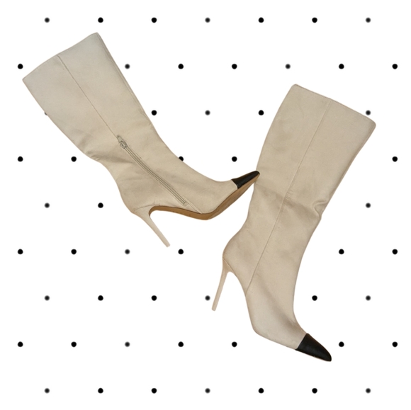 Shoes - Chic Express Cream Knee-High Boots with Black Toe